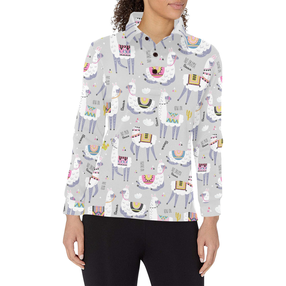 Cute Llama Alpaca pattern Women's Long Sleeve Polo Shirt