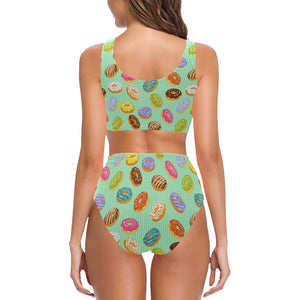 Colorful donut pattern green background Chest Bowknot High Waisted Bikini Swimsuit