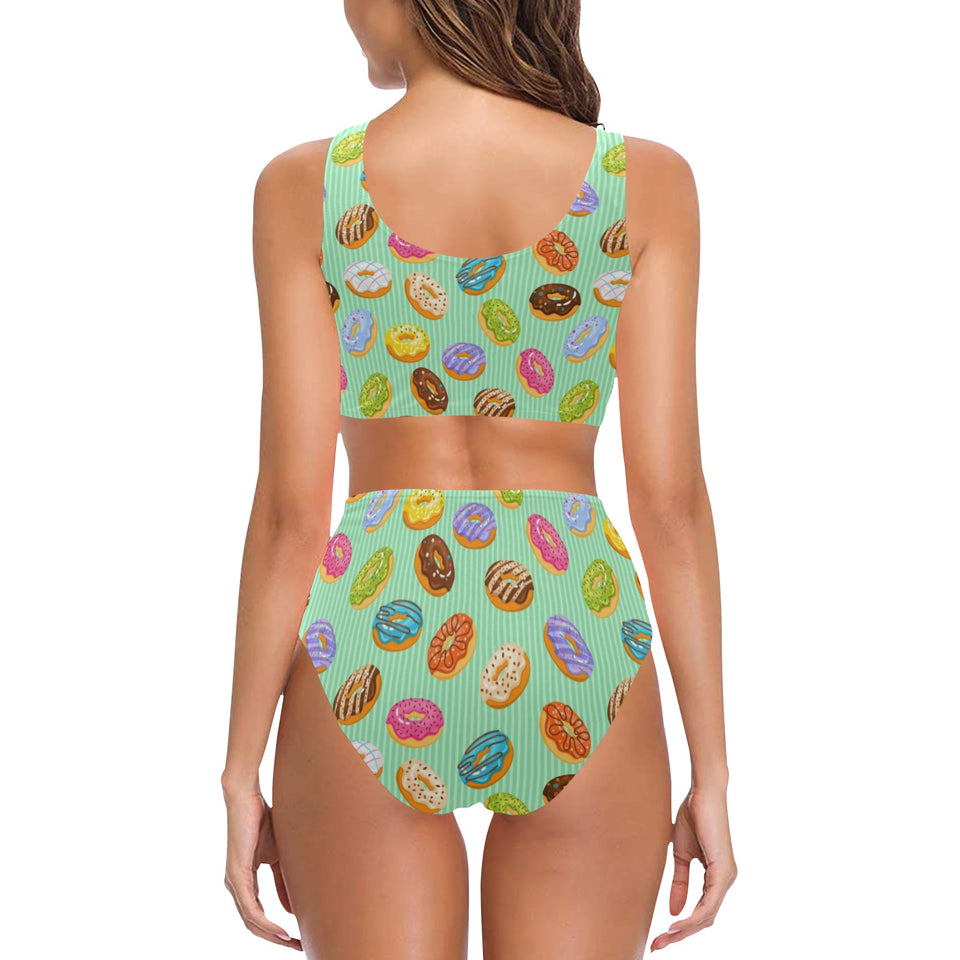 Colorful donut pattern green background Chest Bowknot High Waisted Bikini Swimsuit