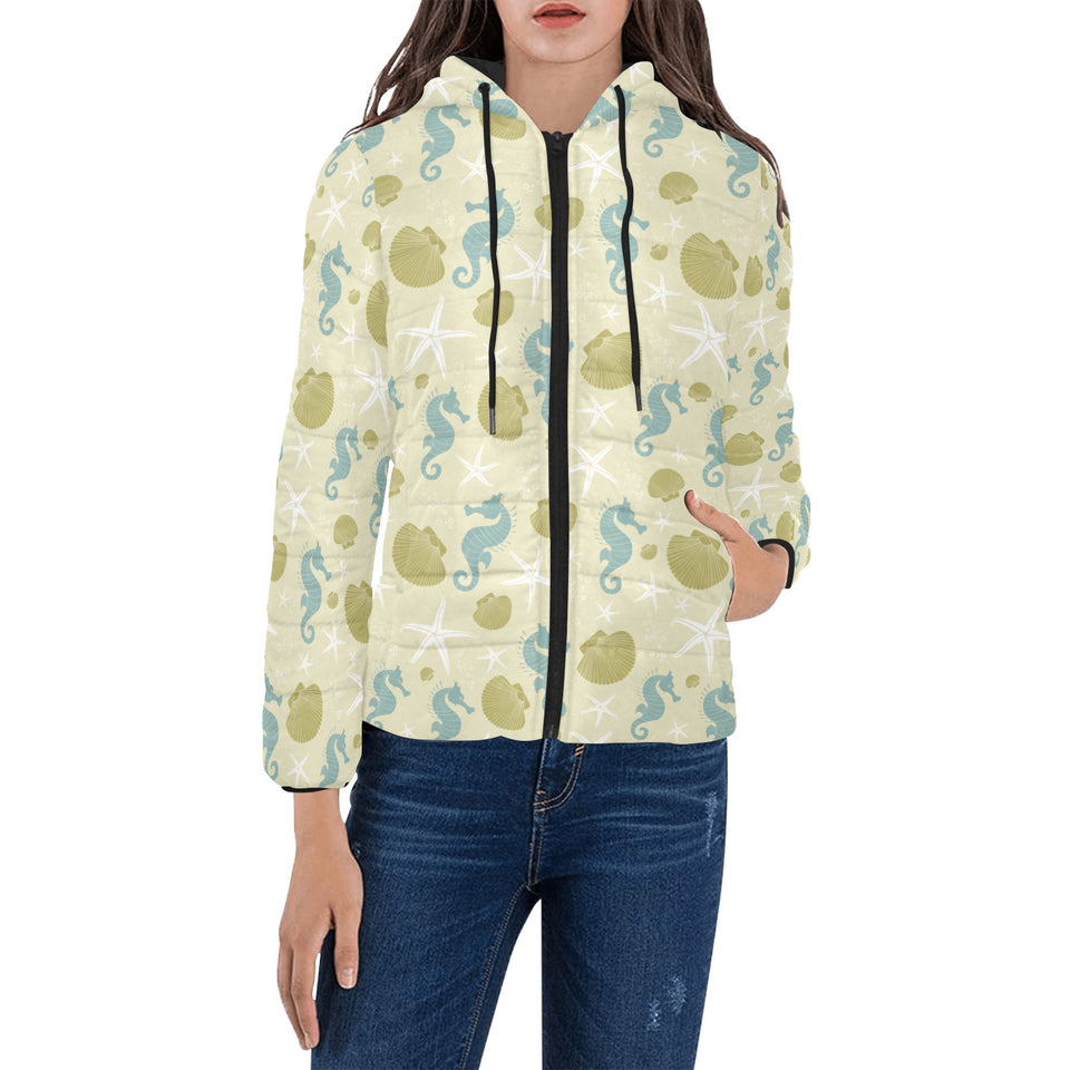 Seahorse shell starfish pattern background Women's Padded Hooded Jacket
