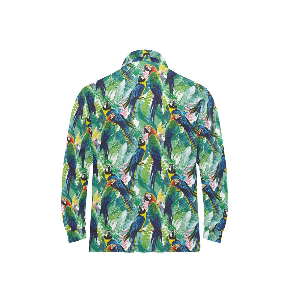 Colorful parrot exotic flower leaves Men's Long Sleeve Polo Shirt