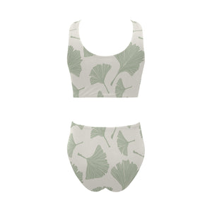 Ginkgo leaves pattern Chest Bowknot High Waisted Bikini Swimsuit
