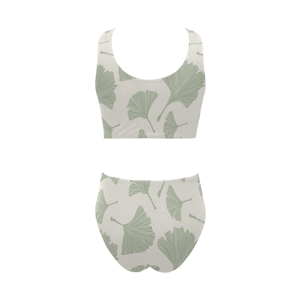 Ginkgo leaves pattern Chest Bowknot High Waisted Bikini Swimsuit