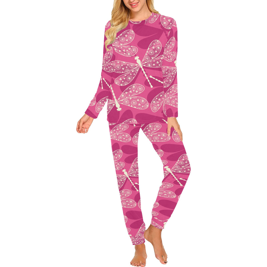 Beautiful dragonfly pink background Women's All Over Print Pajama Set