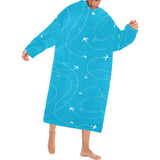 Airplane destinations blue background Blanket Robe with Sleeves