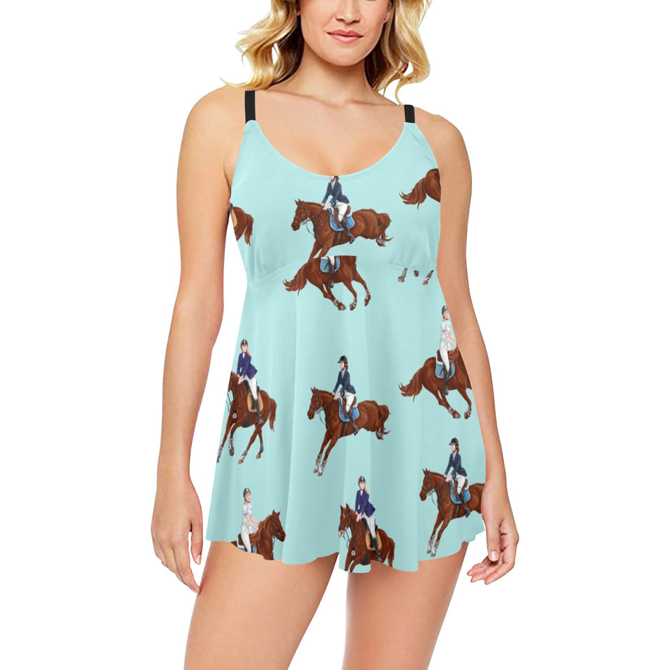 Horses running horses rider pattern Chest Sexy Pleated Two Piece Swim Dress