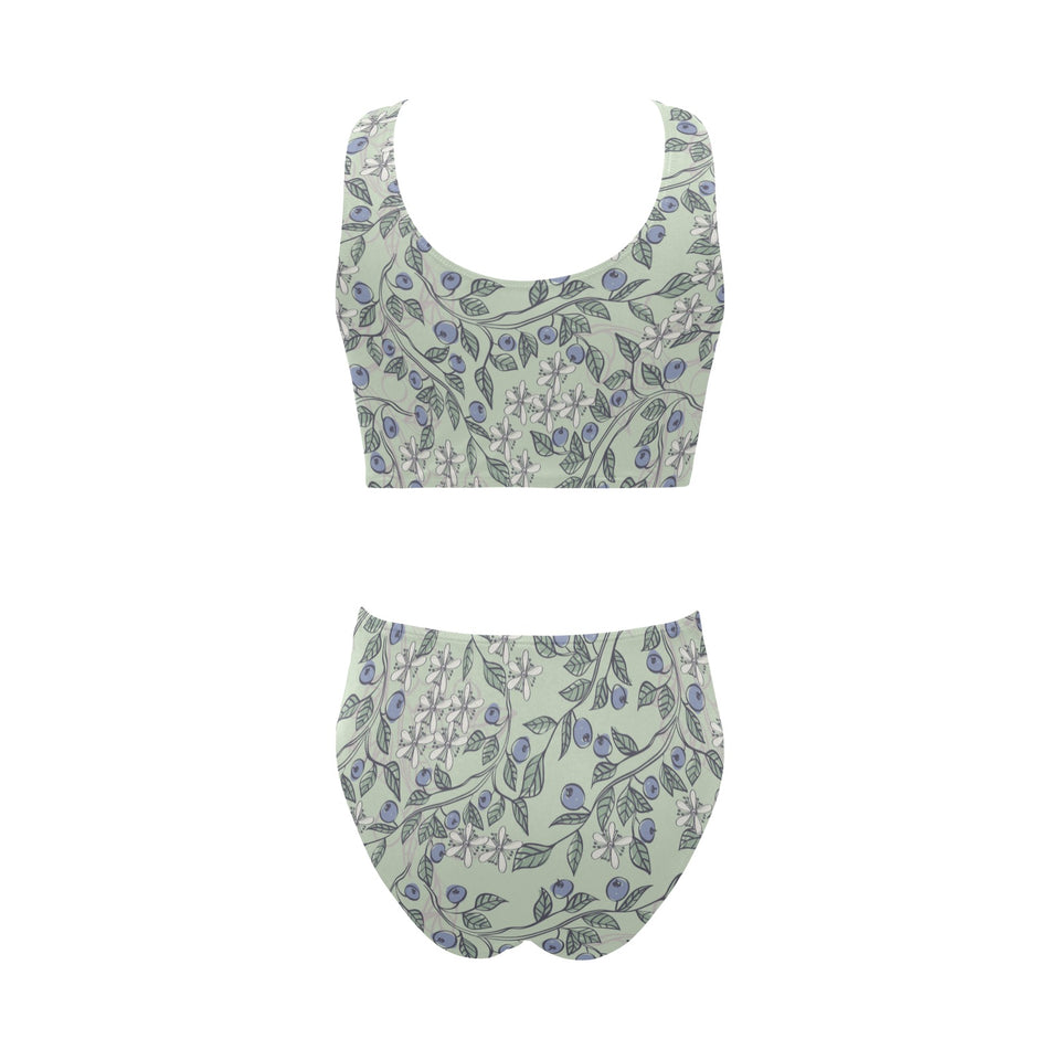 hand drawn blueberry pattern Chest Bowknot High Waisted Bikini Swimsuit