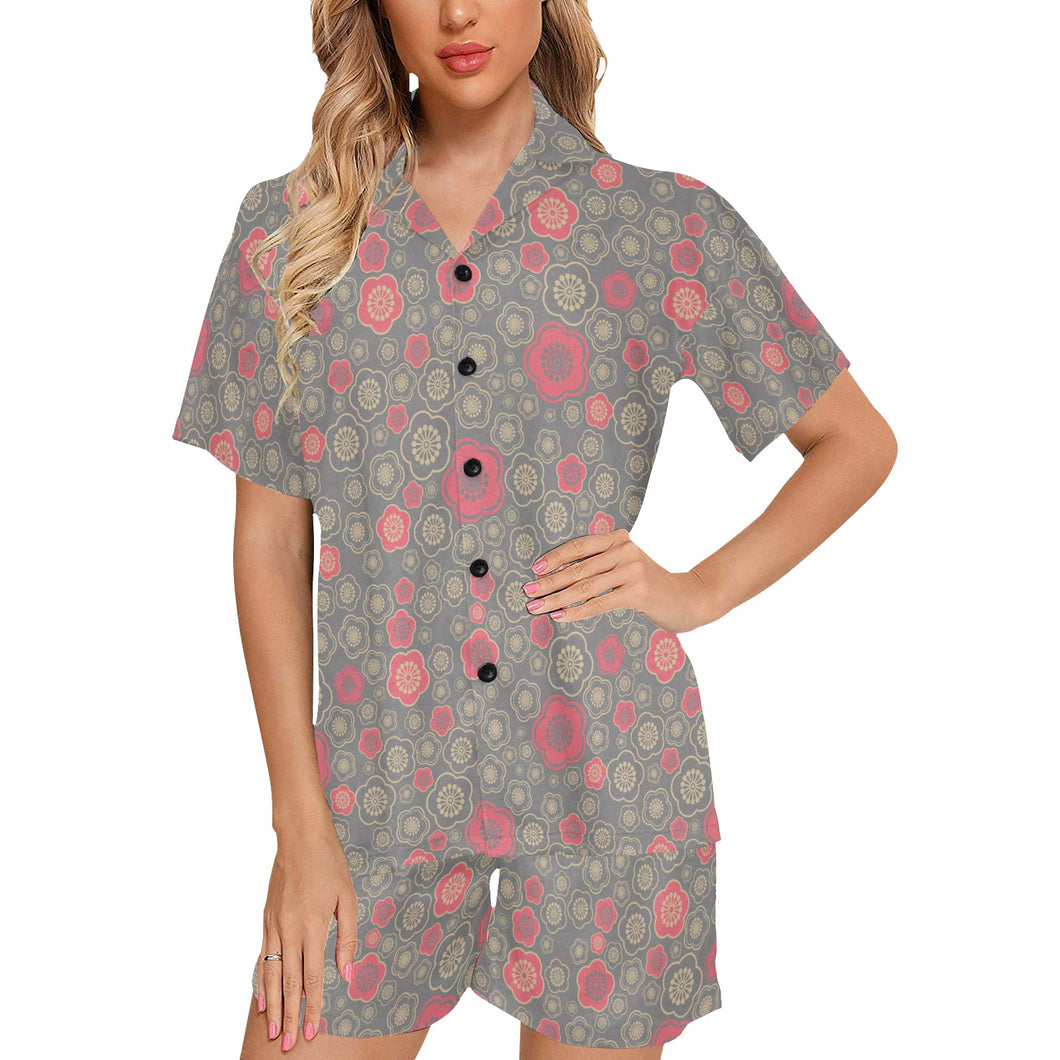Red gold Sakura cherry blossom gray background Women's V-Neck Short Pajama Set
