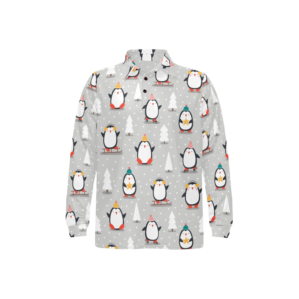 Cute Penguin christmas pattern Men's Long Sleeve Polo Shirt