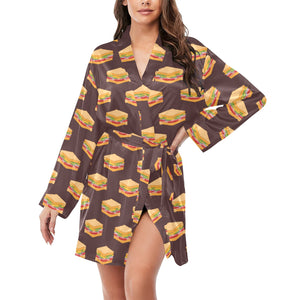 Sandwich Pattern Print Design 04 Women's Long Sleeve Belted Night Robe