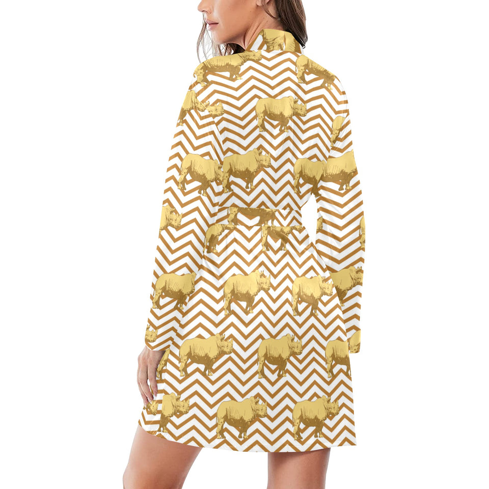 Rhino yellow theme pattern Women's Long Sleeve Belted Night Robe