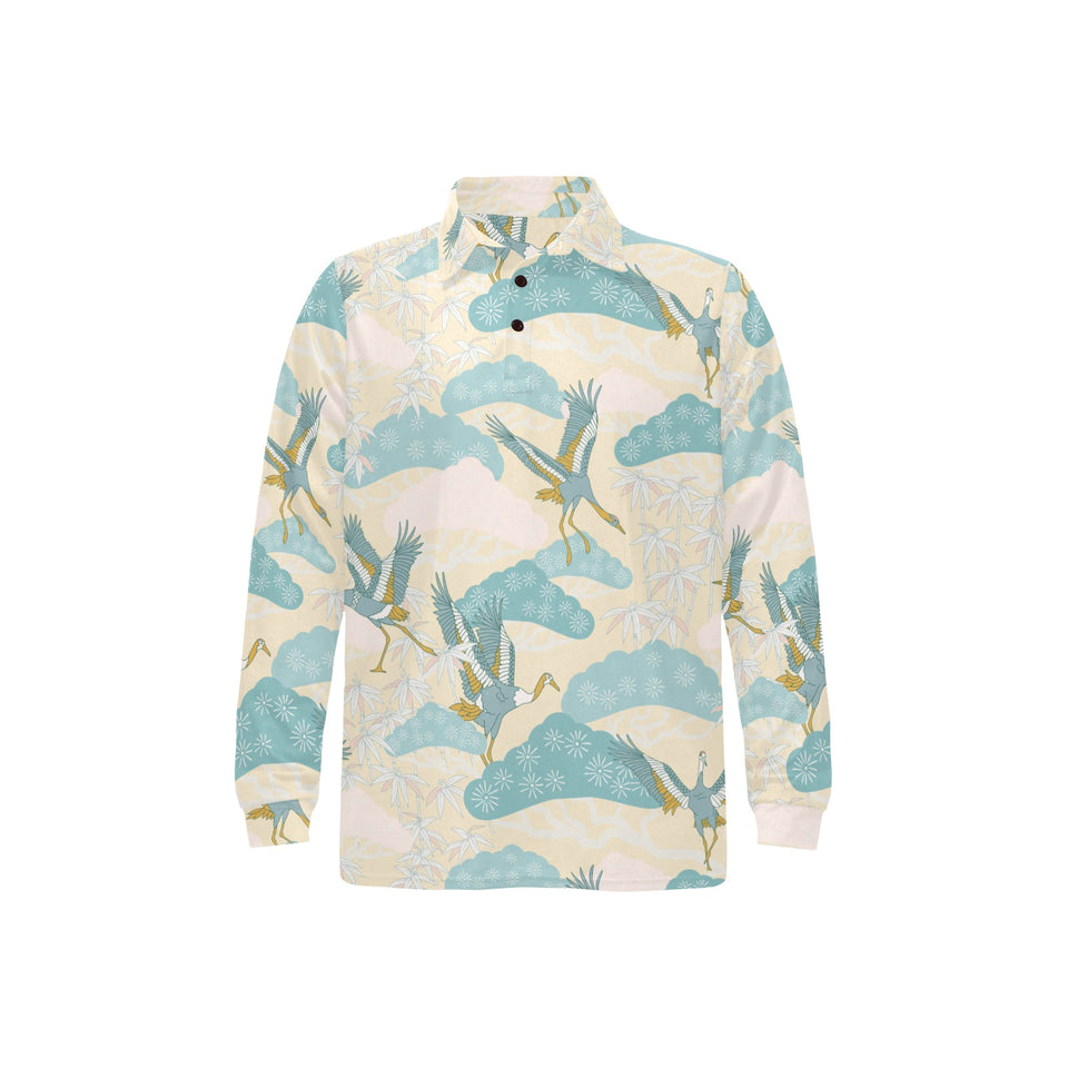 Bonsai bamboo stork japanese pattern cream theme Men's Long Sleeve Polo Shirt