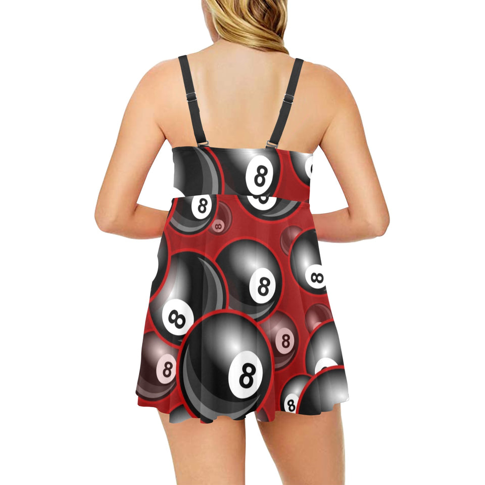 Billiard Ball Pattern Print Design 05 Chest Sexy Pleated Two Piece Swim Dress