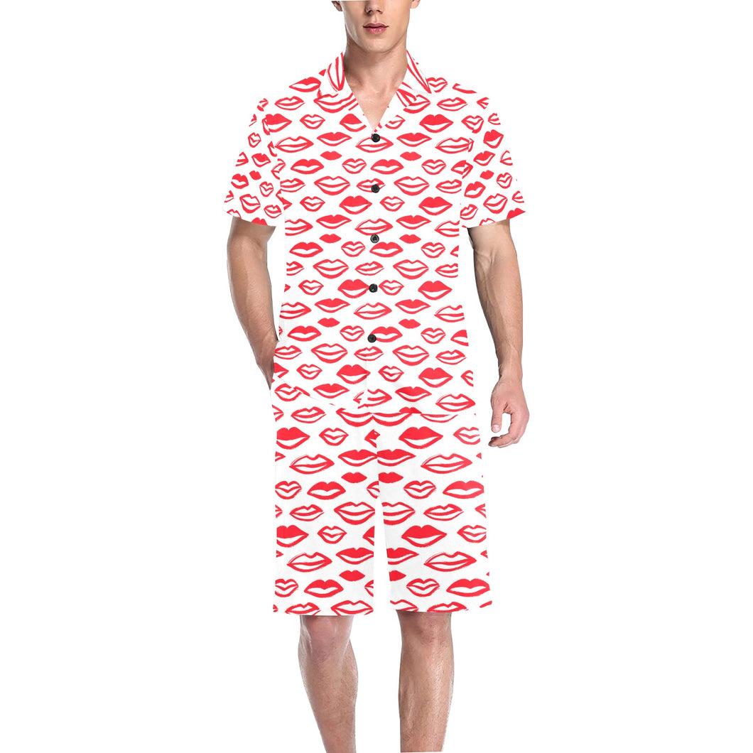Lips Pattern Print Design 05 Men's V-Neck Short Pajama Set
