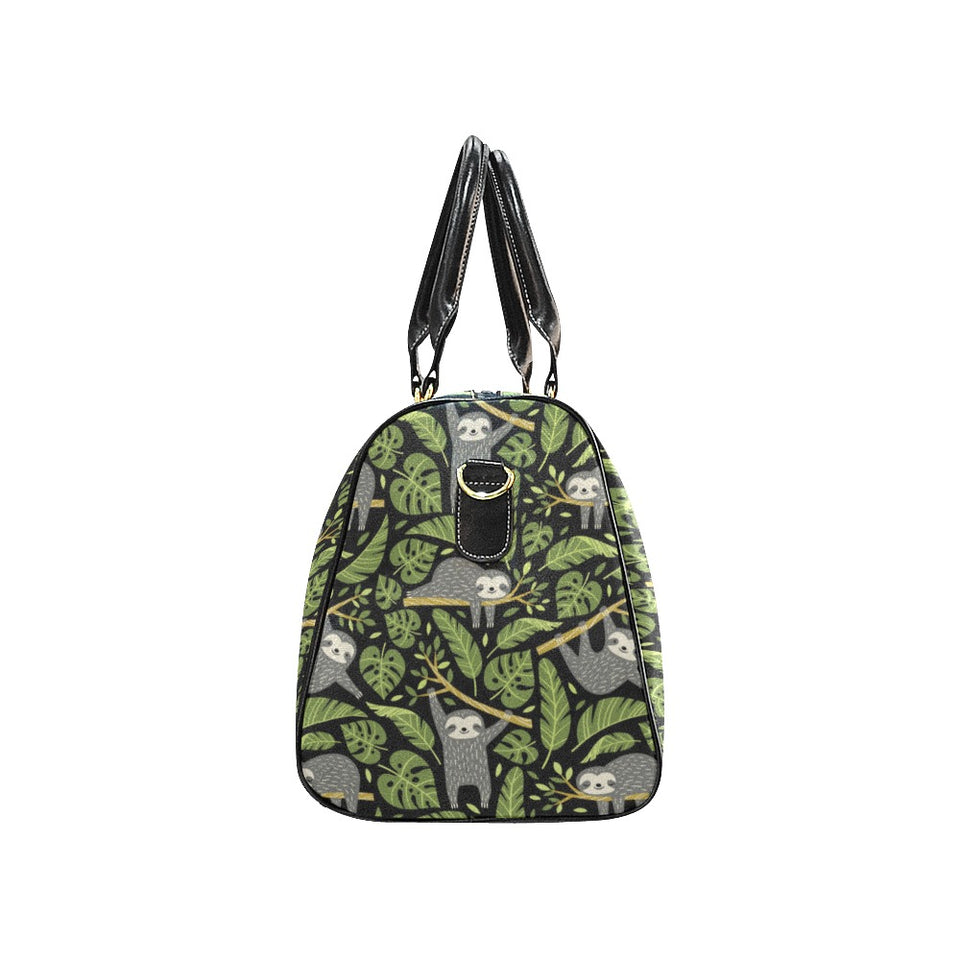 Cute sloths tropical palm leaves black background Travel Bag