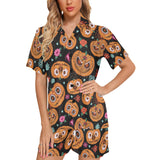 Pumpkin flowers spiderweb Halloween theme Women's V-Neck Short Pajama Set