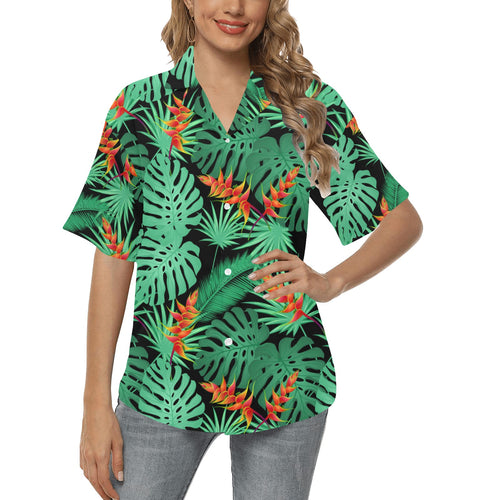 heliconia flower palm monstera leaves black backgr Women's All Over Print Hawaiian Shirt