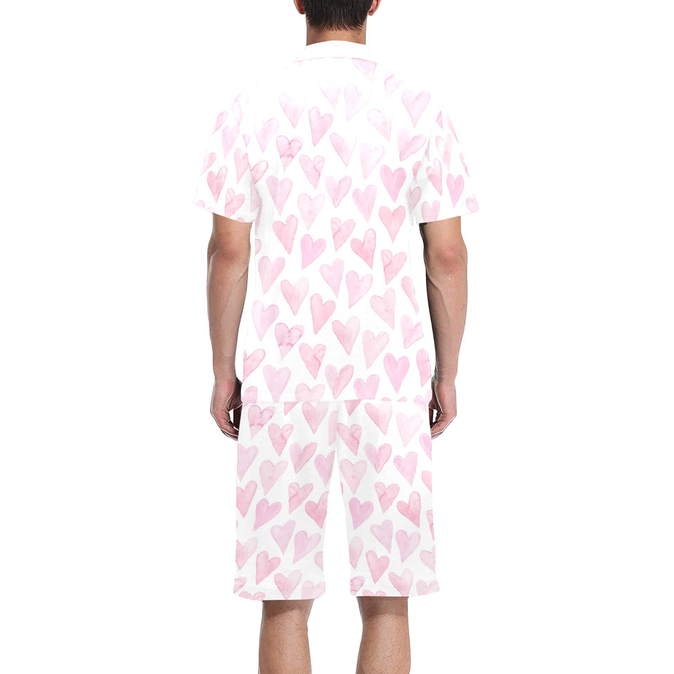 Watercolor pink heart pattern Men's V-Neck Short Pajama Set