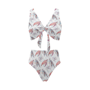 Watercolor sea turtle jellyfish pattern Chest Bowknot High Waisted Bikini Swimsuit