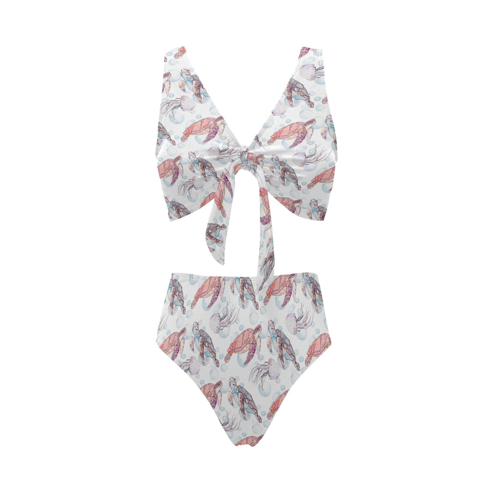 Watercolor sea turtle jellyfish pattern Chest Bowknot High Waisted Bikini Swimsuit