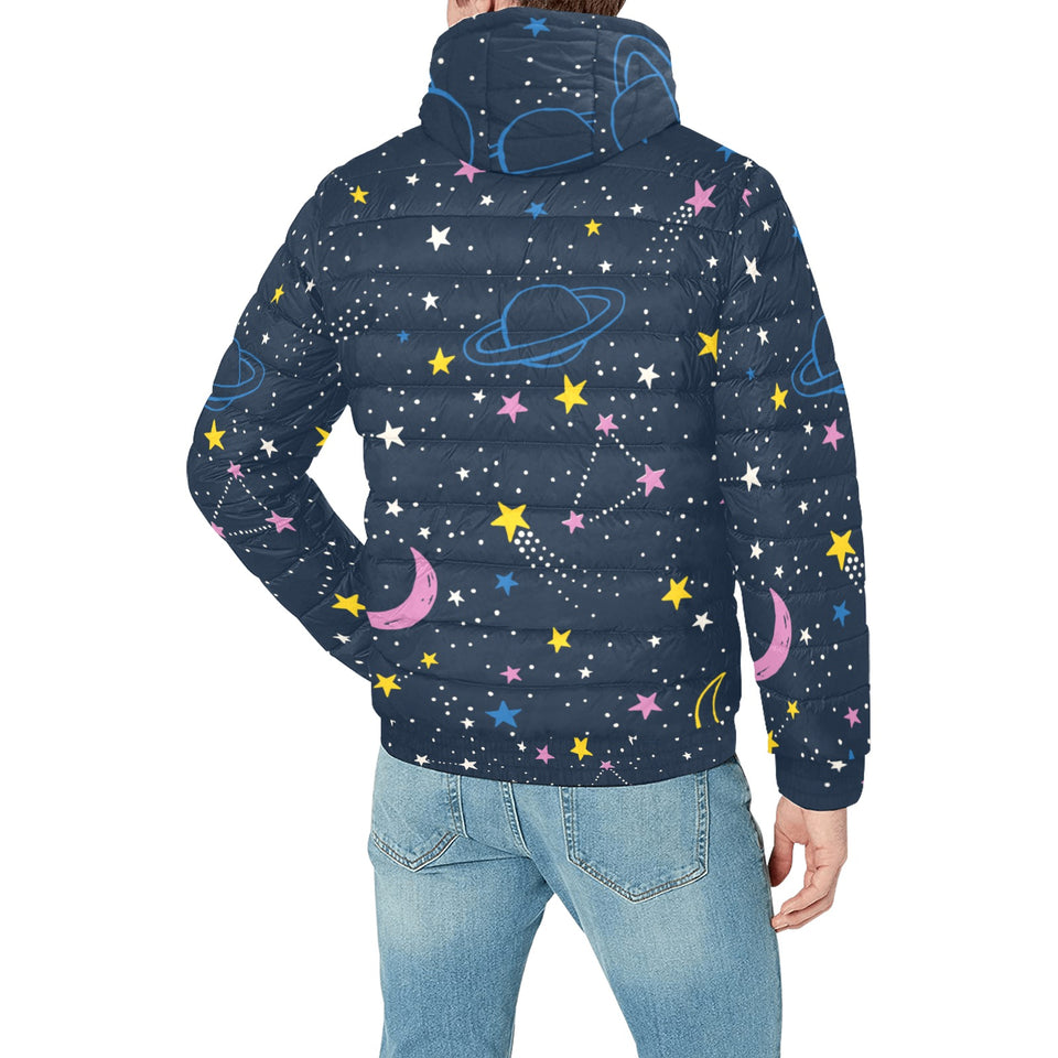 space pattern with planets, comets, constellations Men's Padded Hooded Jacket