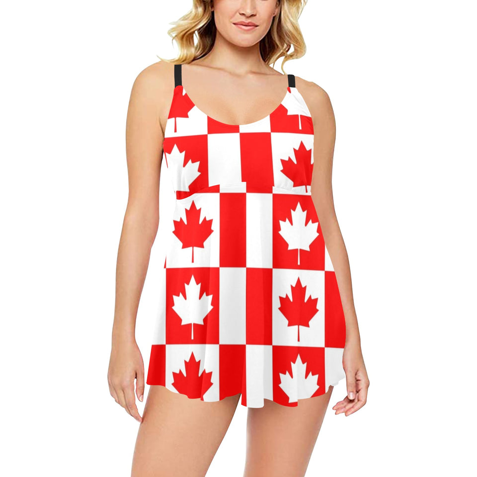 Canada Pattern Print Design 05 Chest Sexy Pleated Two Piece Swim Dress