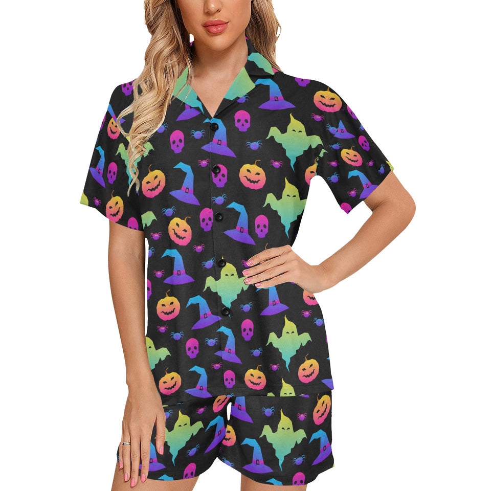 Colorful halloween background Women's V-Neck Short Pajama Set