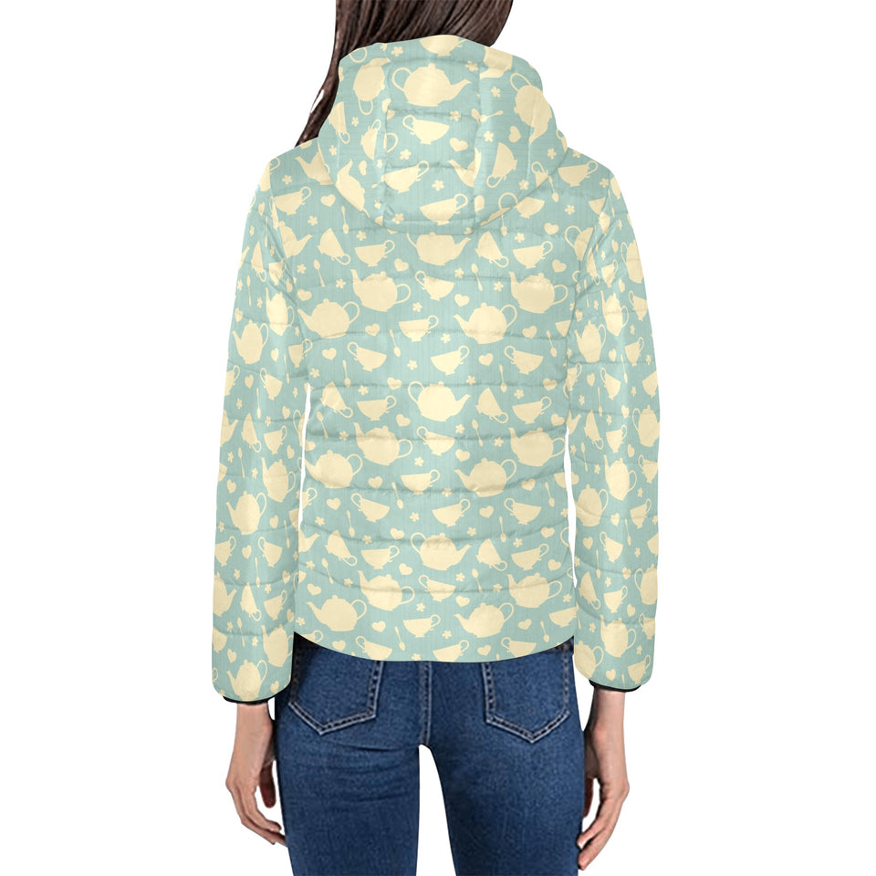 Tea pots Pattern Print Design 02 Women's Padded Hooded Jacket