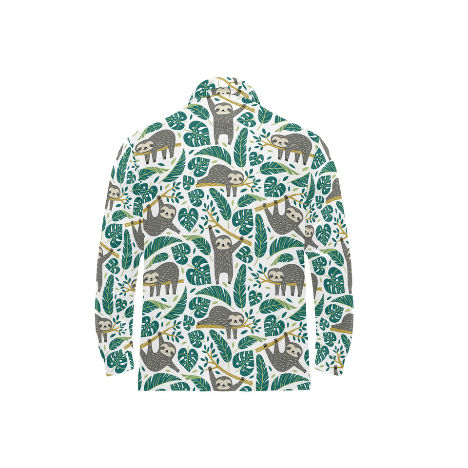 Cute sloths tropical palm leaves white background Men's Long Sleeve Polo Shirt