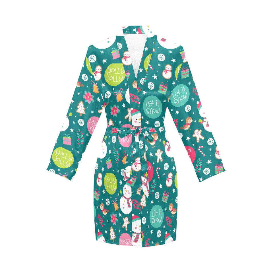 Snowman bird decorative elements christmas pattern Women's Long Sleeve Belted Night Robe