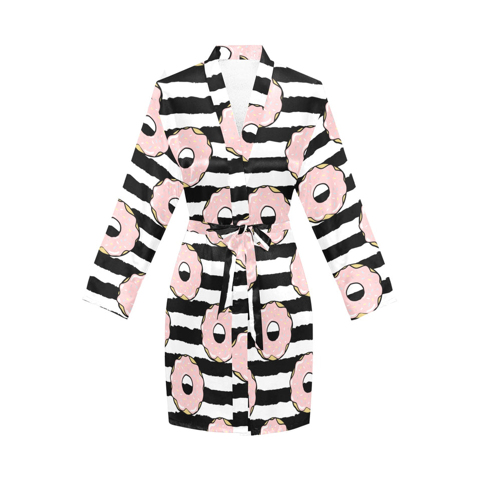 Donuts pink icing striped pattern Women's Long Sleeve Belted Night Robe