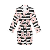 Donuts pink icing striped pattern Women's Long Sleeve Belted Night Robe