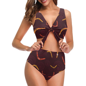 Boomerang Australian aboriginal ornament circle bl Chest Bowknot High Waisted Bikini Swimsuit
