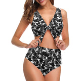 Crow illustration pattern Chest Bowknot High Waisted Bikini Swimsuit