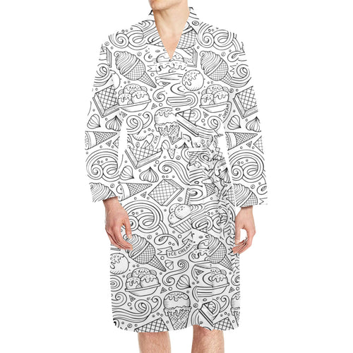 Cartoon hand drawn ice cream black white Men's Long Sleeve Belted Night Robe