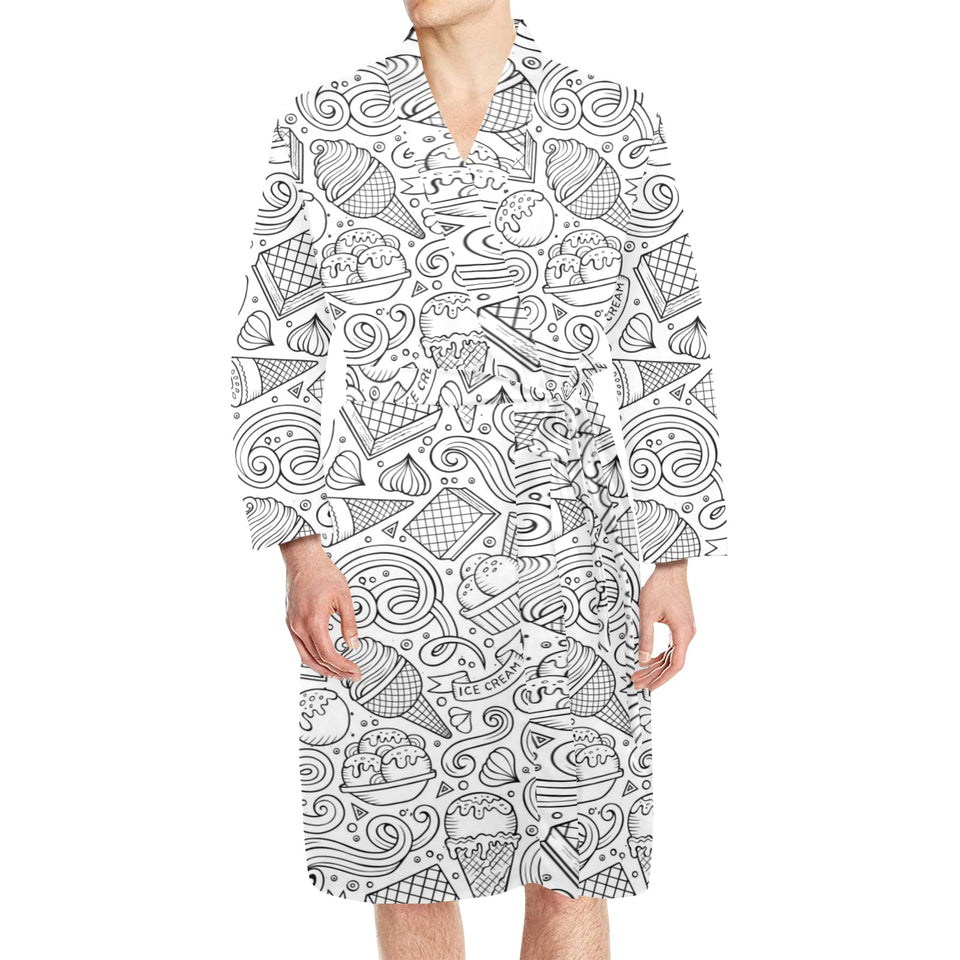 Cartoon hand drawn ice cream black white Men's Long Sleeve Belted Night Robe