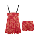 Gold dragons red background Chest Sexy Pleated Two Piece Swim Dress