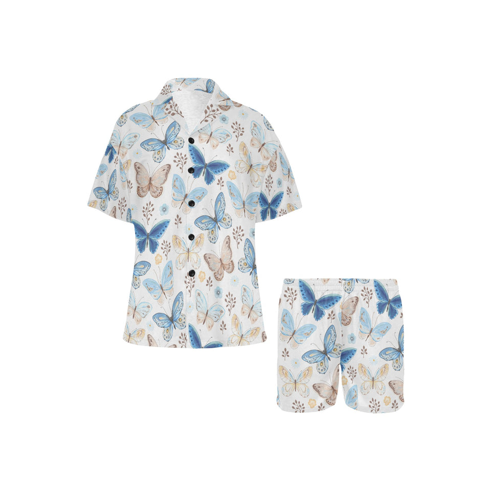 blue butterfly pattern Women's V-Neck Short Pajama Set