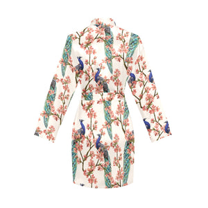 Peacock tropical flower pattern Women's Long Sleeve Belted Night Robe