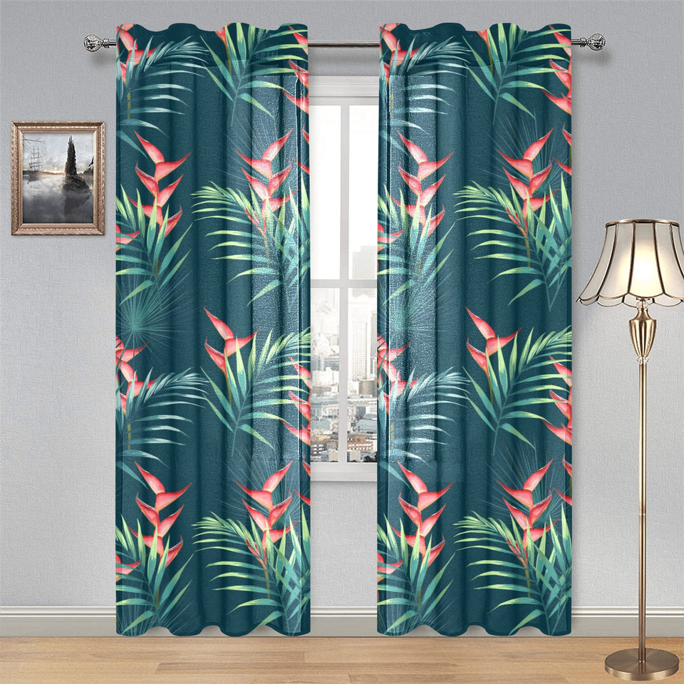 heliconia flowers, palm and monstera leaves on bla Gauze Curtain
