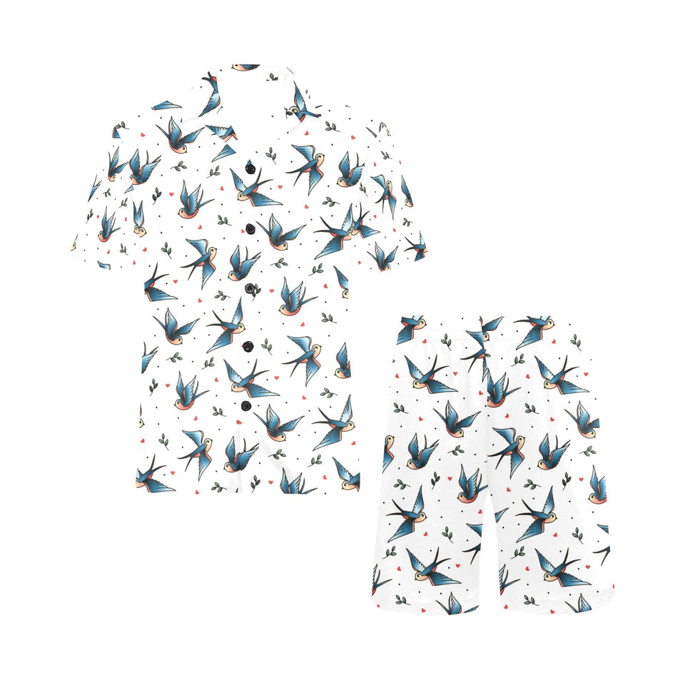 Swallow Pattern Print Design 04 Men's V-Neck Short Pajama Set