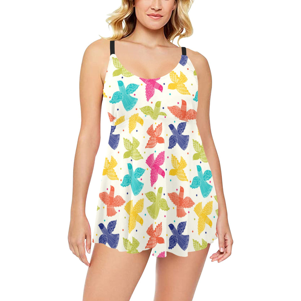 Pigeon Pattern Print Design 01 Chest Sexy Pleated Two Piece Swim Dress