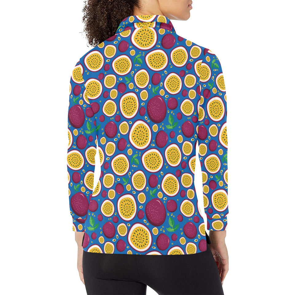 Passion fruit blue background Women's Long Sleeve Polo Shirt