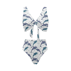 Dolphins pattern dotted background Chest Bowknot High Waisted Bikini Swimsuit