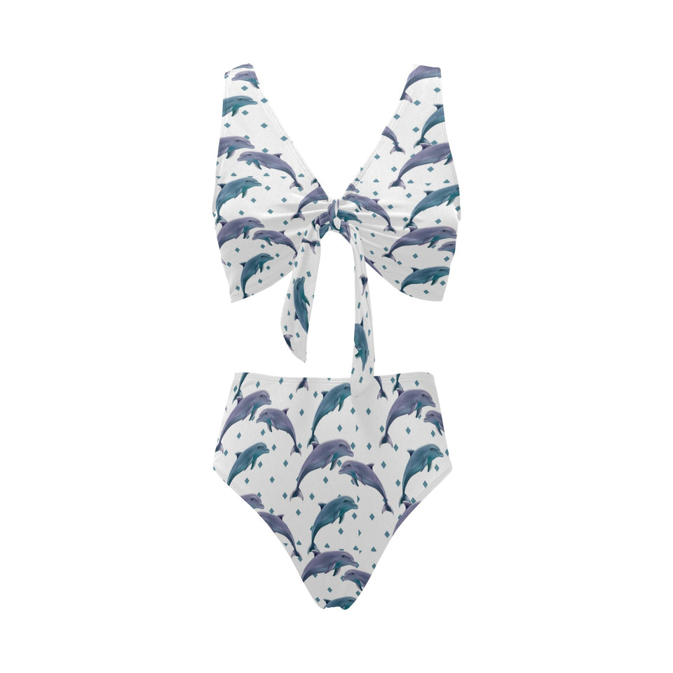 Dolphins pattern dotted background Chest Bowknot High Waisted Bikini Swimsuit