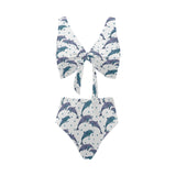 Dolphins pattern dotted background Chest Bowknot High Waisted Bikini Swimsuit