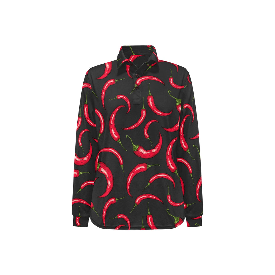 Chili peppers pattern black background Women's Long Sleeve Polo Shirt