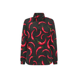 Chili peppers pattern black background Women's Long Sleeve Polo Shirt