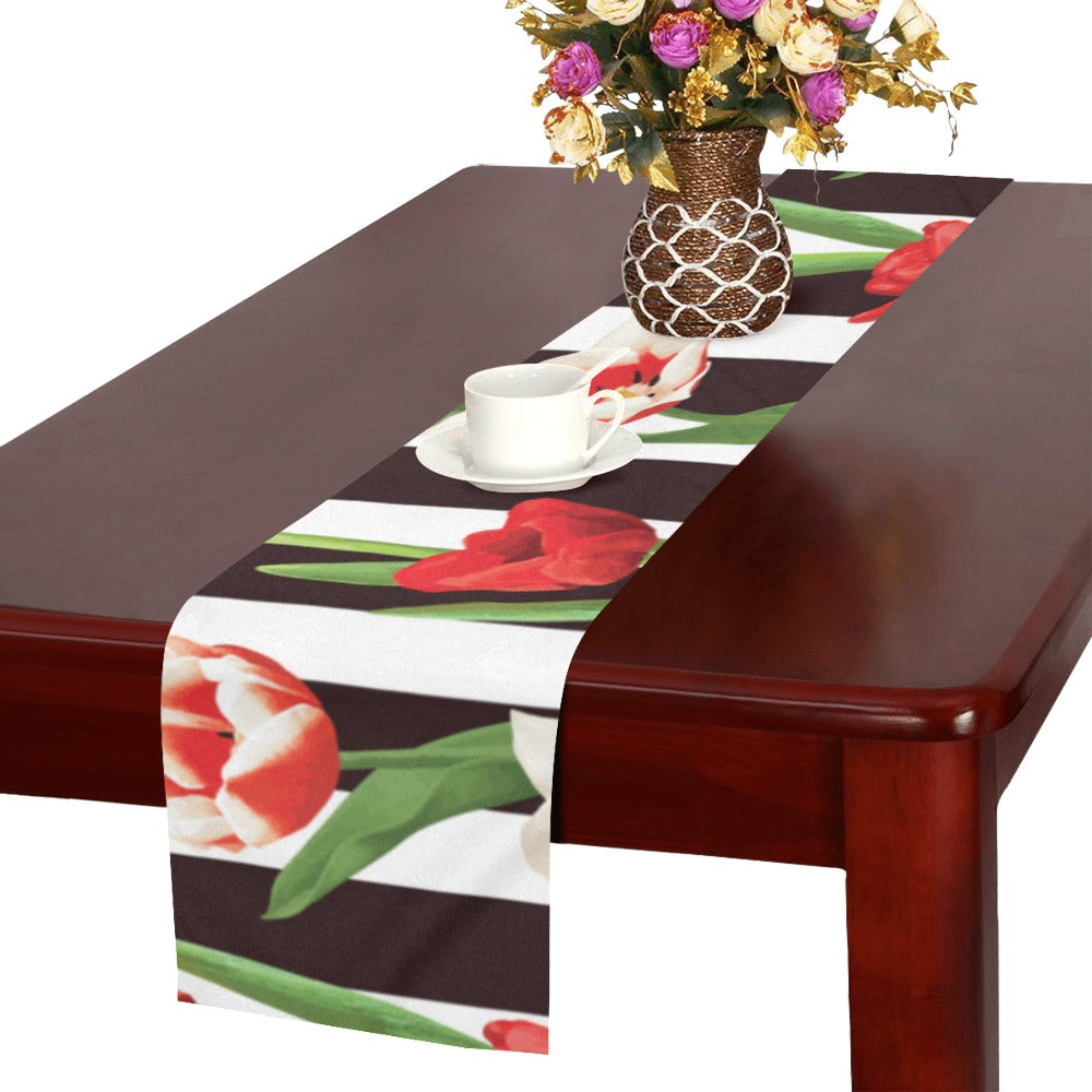 red and white tulips pattern Table Runner