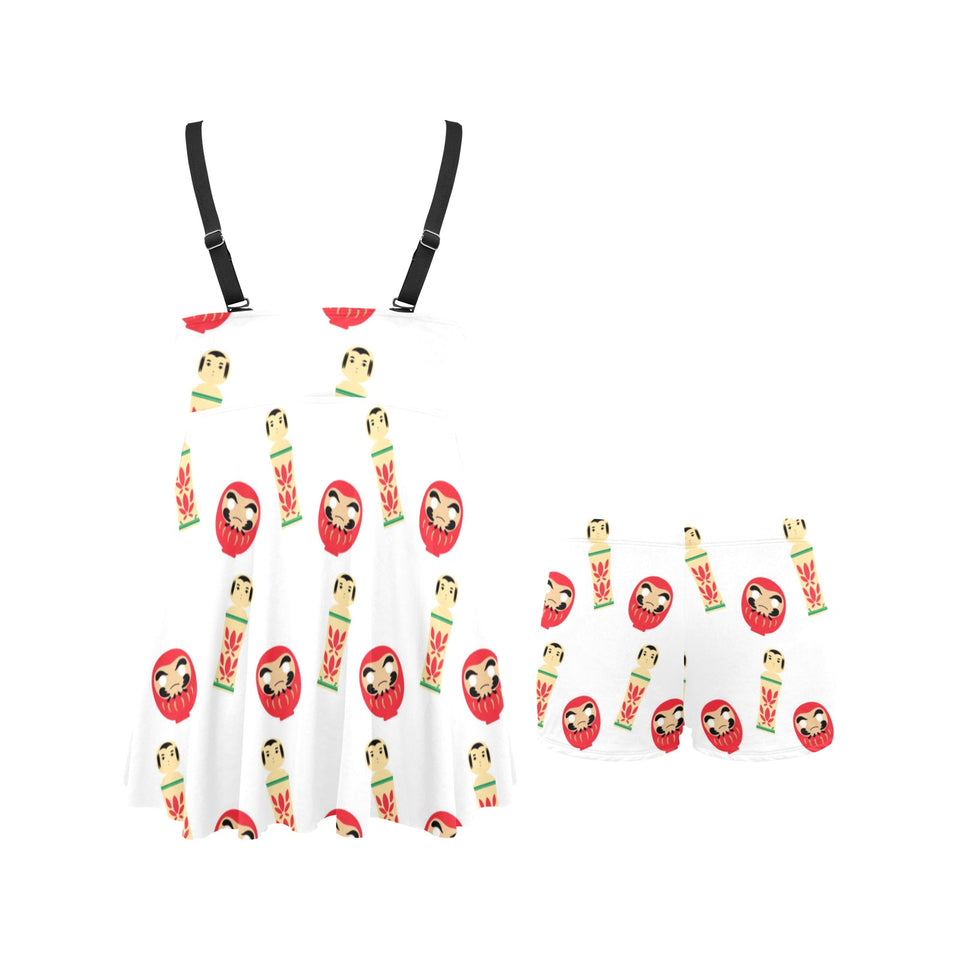 Daruma japanese wooden doll Chest Sexy Pleated Two Piece Swim Dress